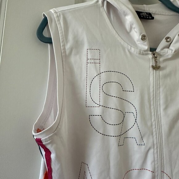Adidas Collab White Zip-Up Hooded Vest Colorful 3 Stripes Women's Size XL Sporty - Picture 4 of 16